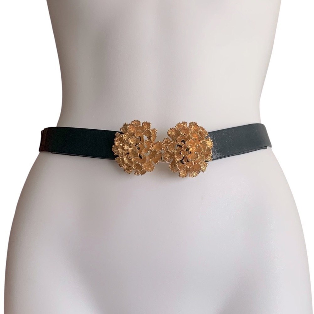 RARE MORRIS MOSKOWITZ VINTAGE  LEATHER NAVY BLUE  2 PC GOLD BUCKLE BELT